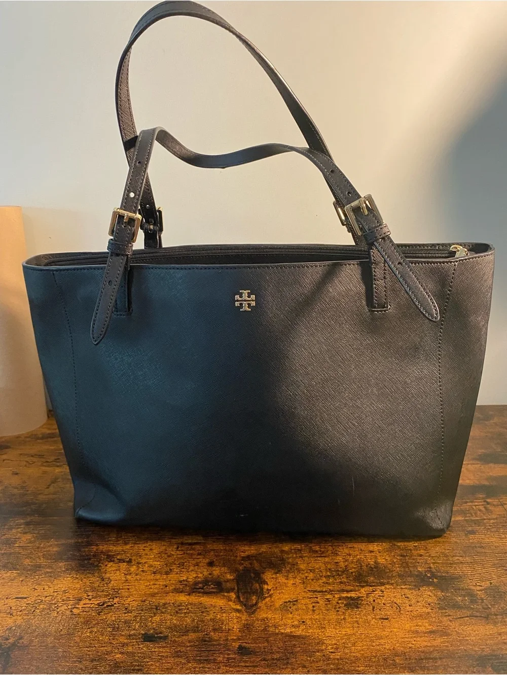 Tory Burch Black Saffiano Tote with Gold Logo Flaw